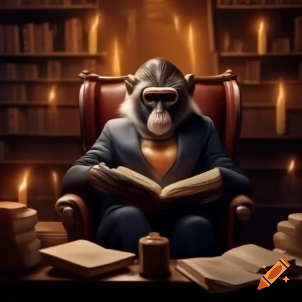 Scholarly monkey in evening chair writing notes surrounded by antiquities