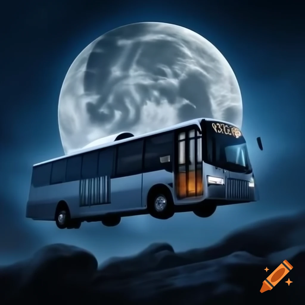 Double deck bus flying to the moon