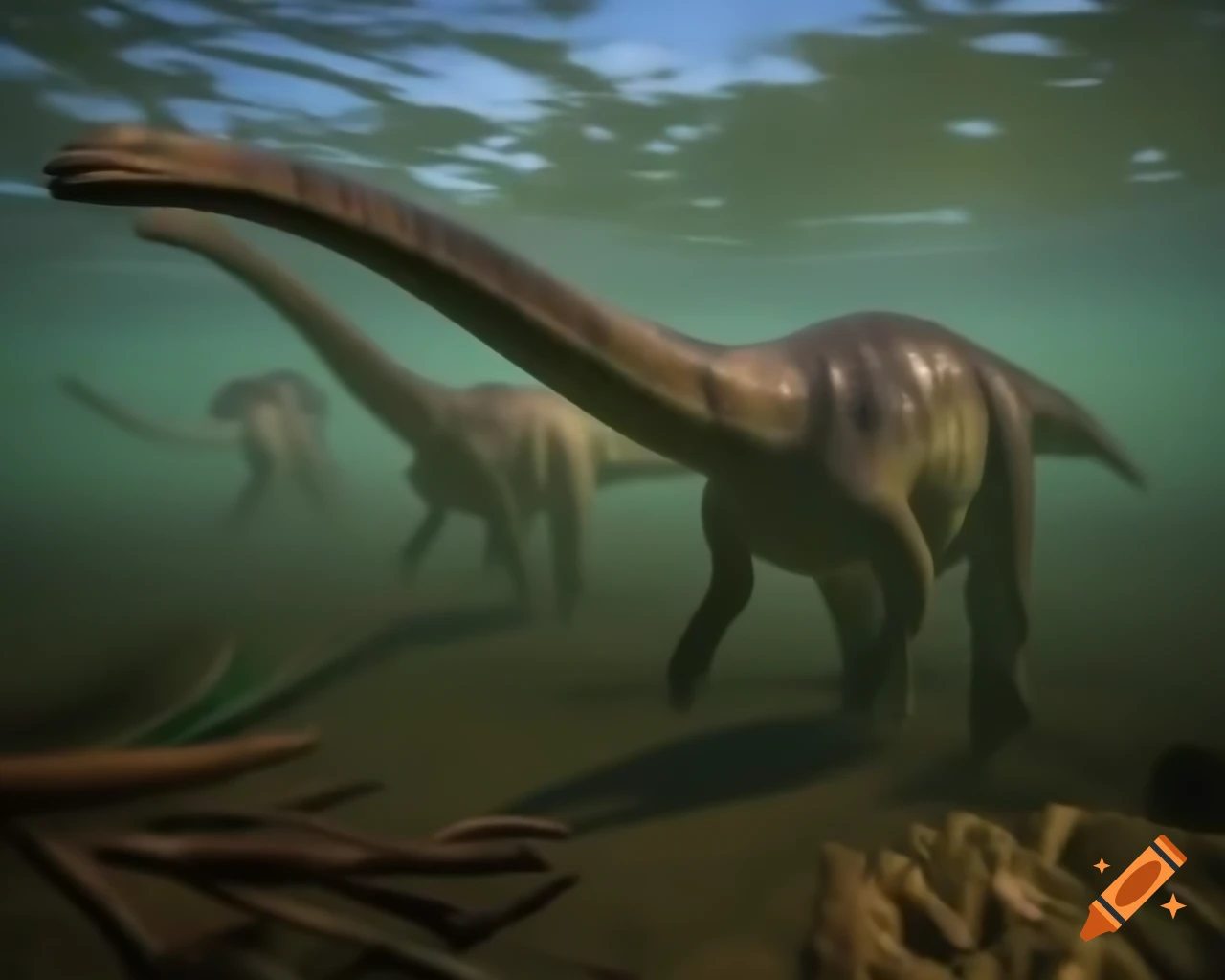 Three cinnamon-colored Hadrosaurus dinosaurs in a mudflat with driftwood under bright morning light
