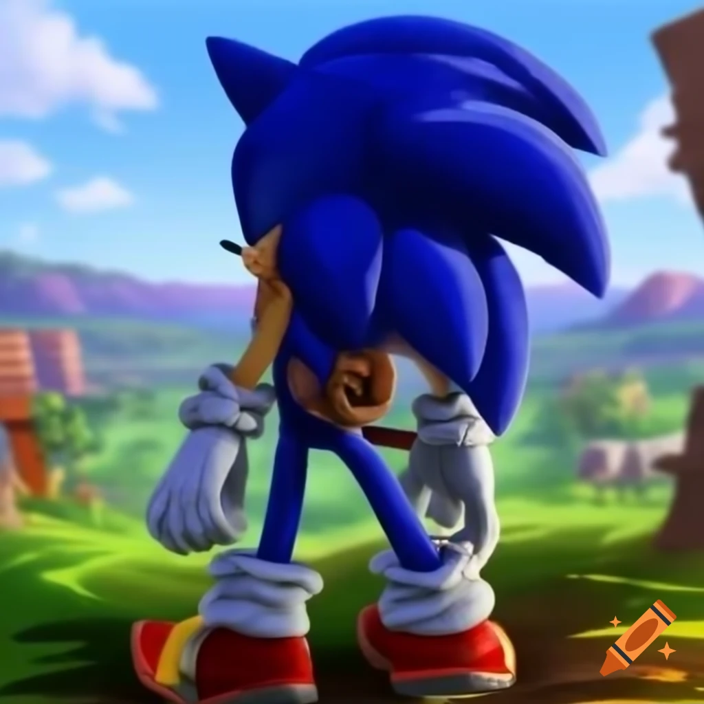 Sonic the Hedgehog in blue jeans and jacket against Green Hill Zone background