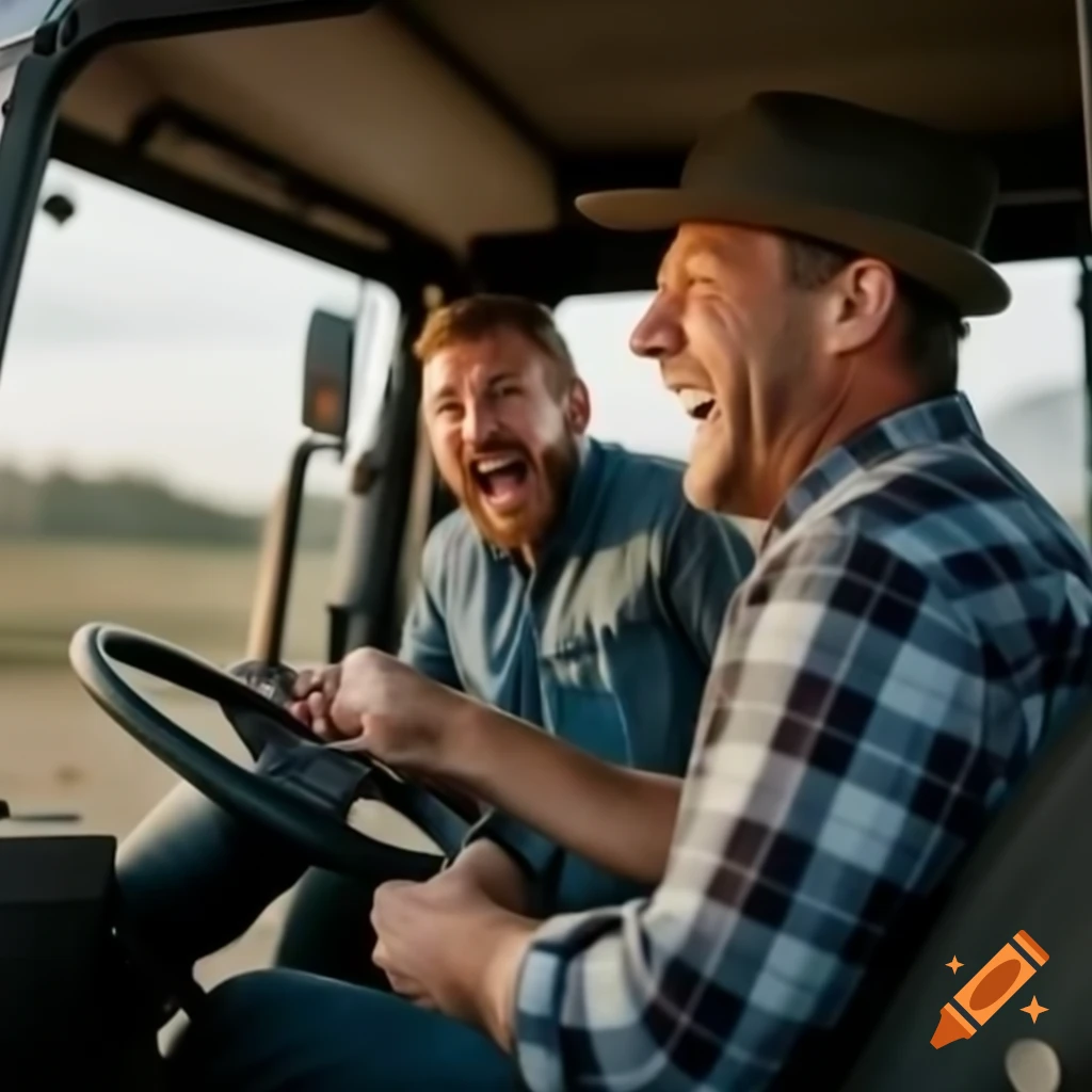 Farmer laughing while driving a tractor