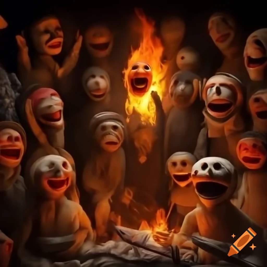 Creepy puppets and marionettes on a fiery wall, some animated and ...