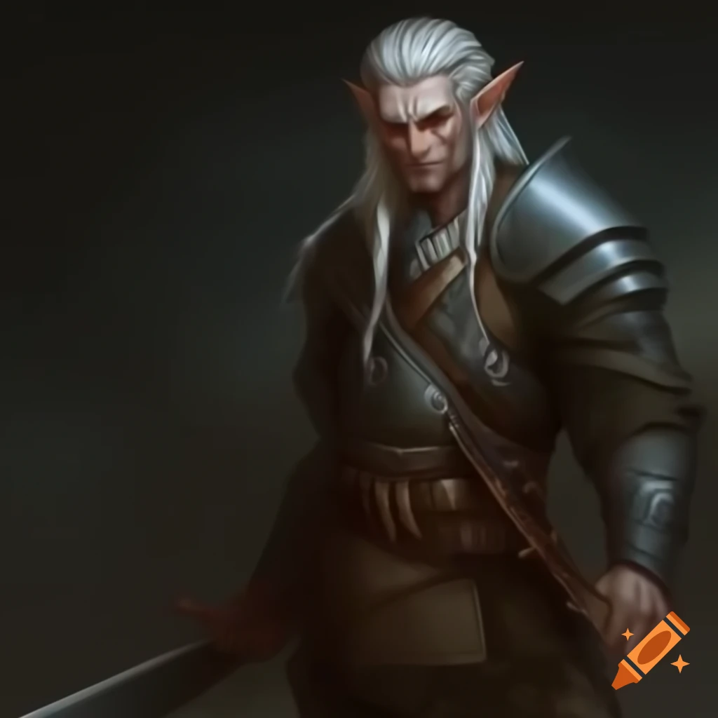 Rugged half-elf warrior with short sword and chaotic aura, intense appearance