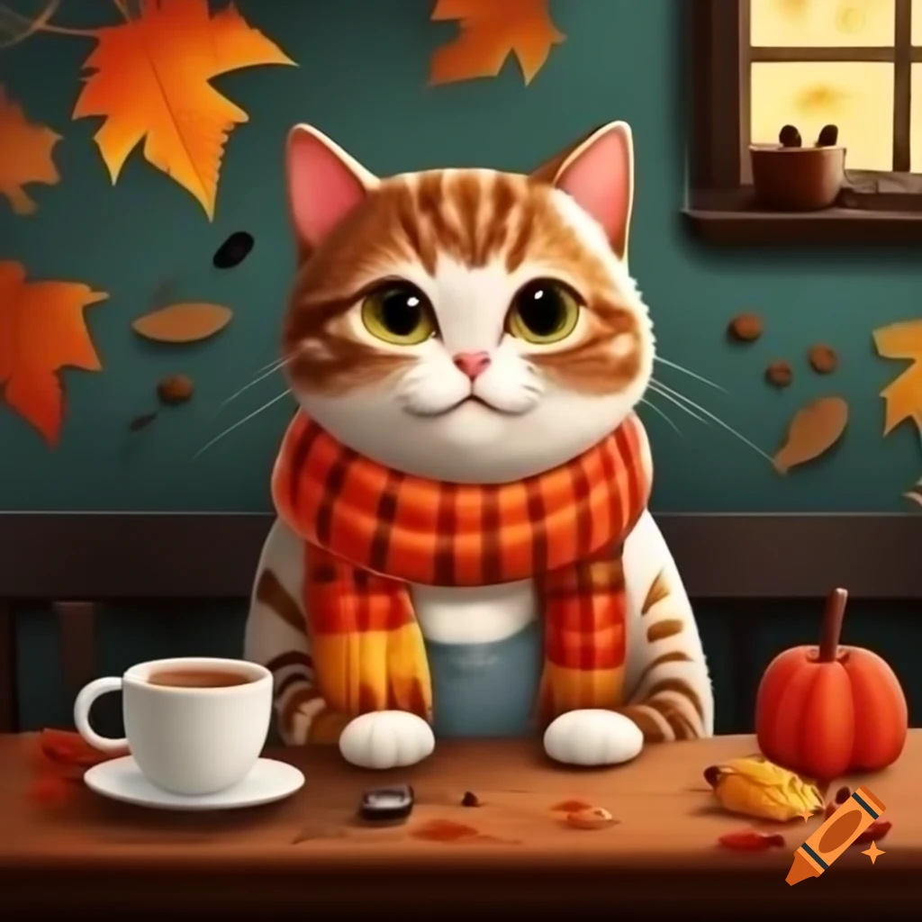 Cat wearing a scarf in autumn with coffee