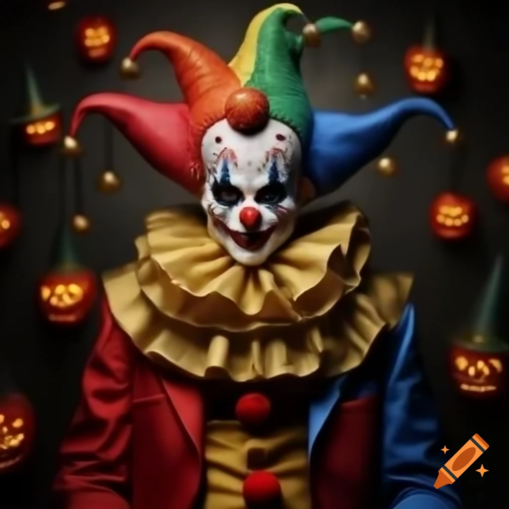 Realistic creepy clown with sinister smile in hellish environment