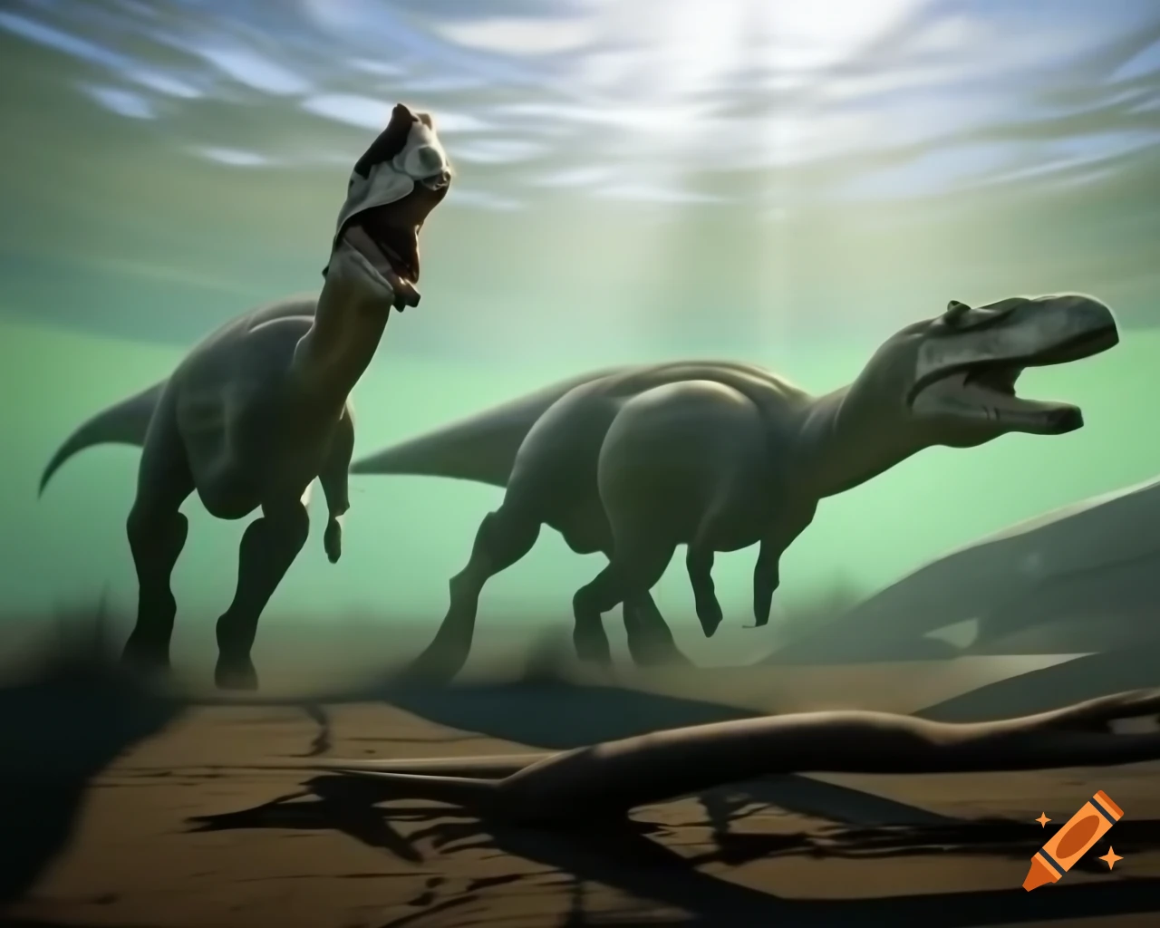 Three cinnamon-colored Hadrosaurus dinosaurs in a mudflat with driftwood under bright morning light