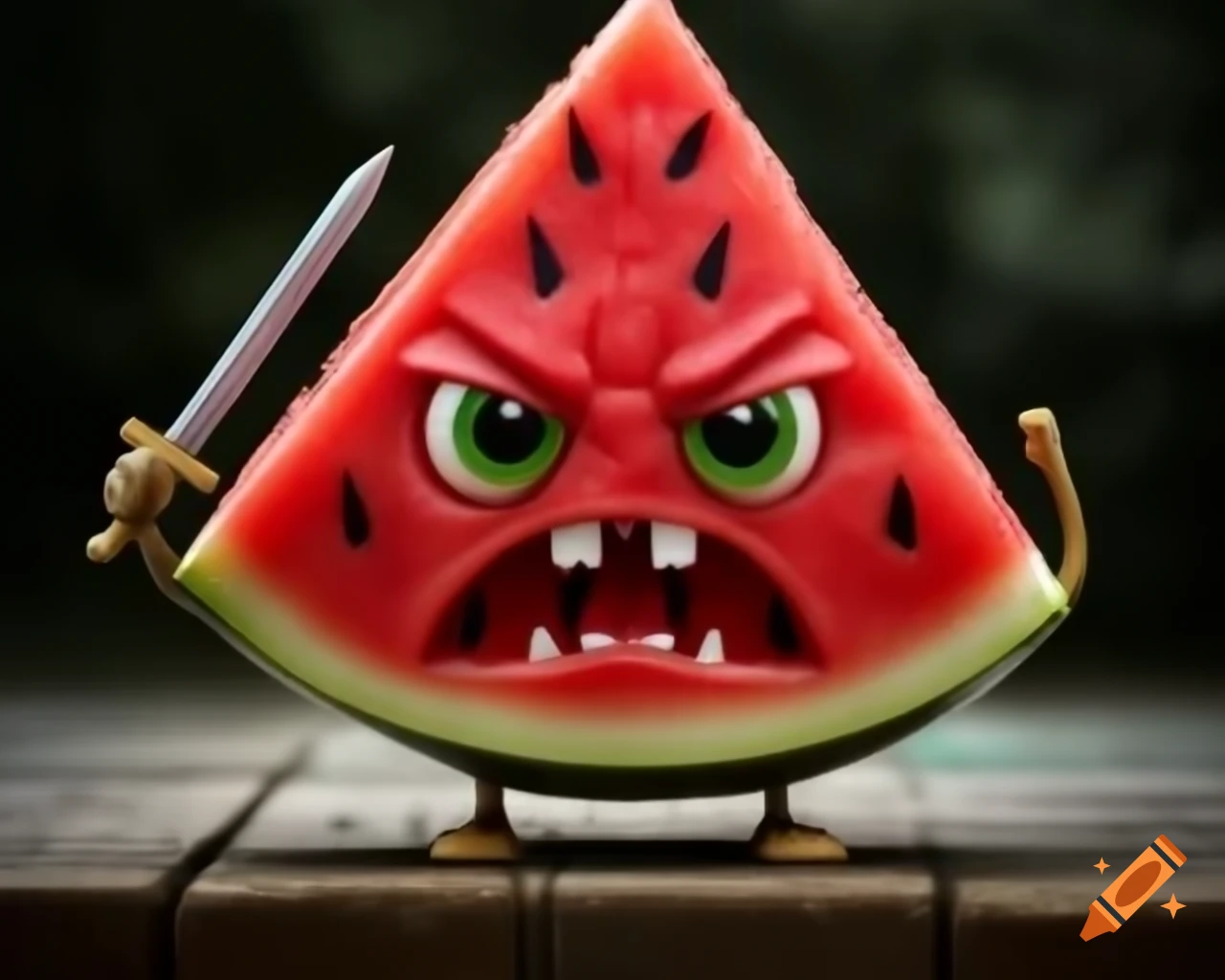 Hyper realistic kawaii warrior watermelon with sword and angry expression