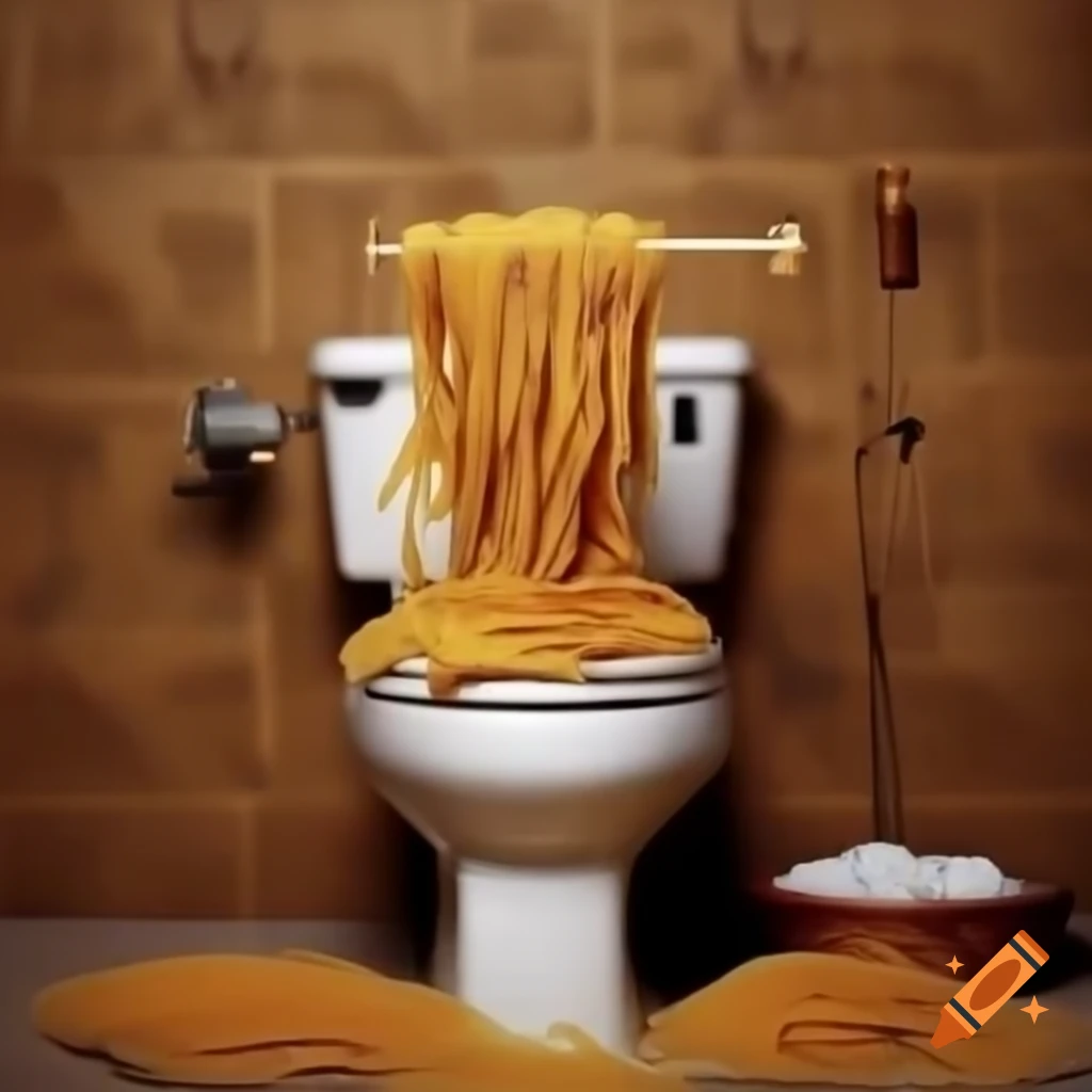 Whimsical skibidi toilet overflowing with spaghetti