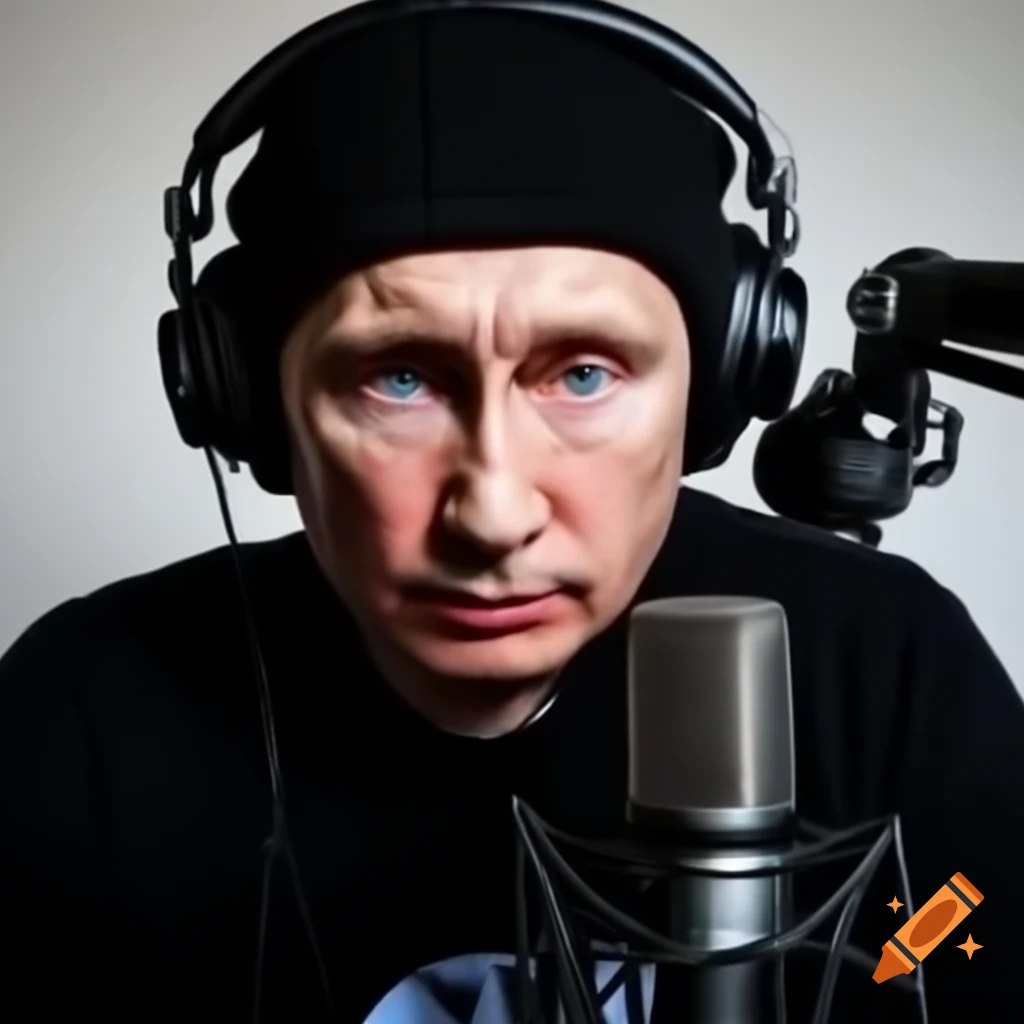 Vladimir Putin in knit cap and t-shirt podcasting with microphone, satire