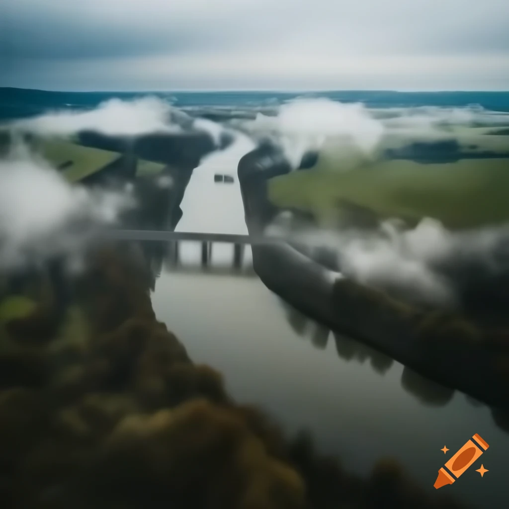 Wide landscape depicting bad weather with a train on a railway bridge and a Roman bridge over a river