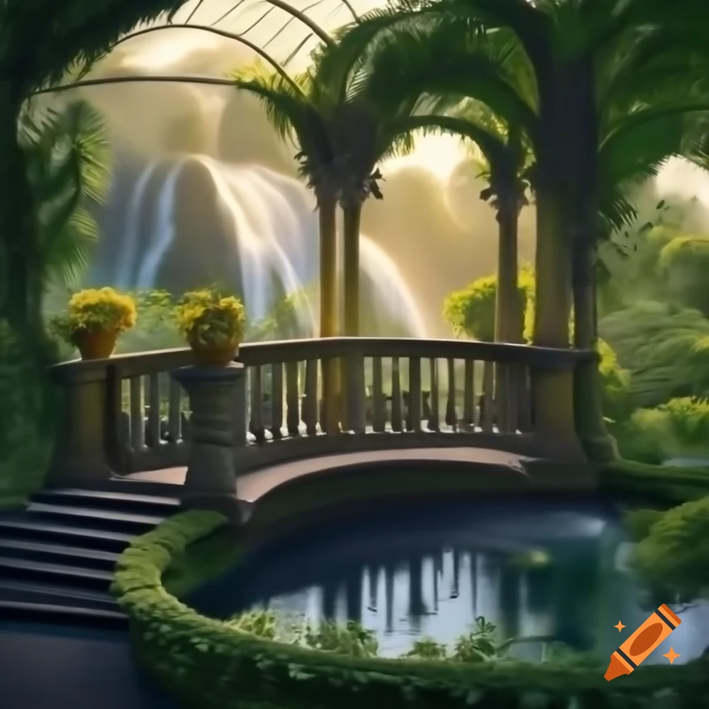Victorian garden balcony with pond, tall rococo windows, and waterfall