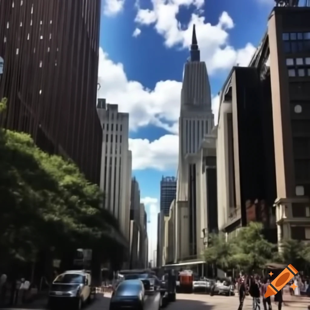 Realistic cityscape with blue sky, white clouds, and bustling streets