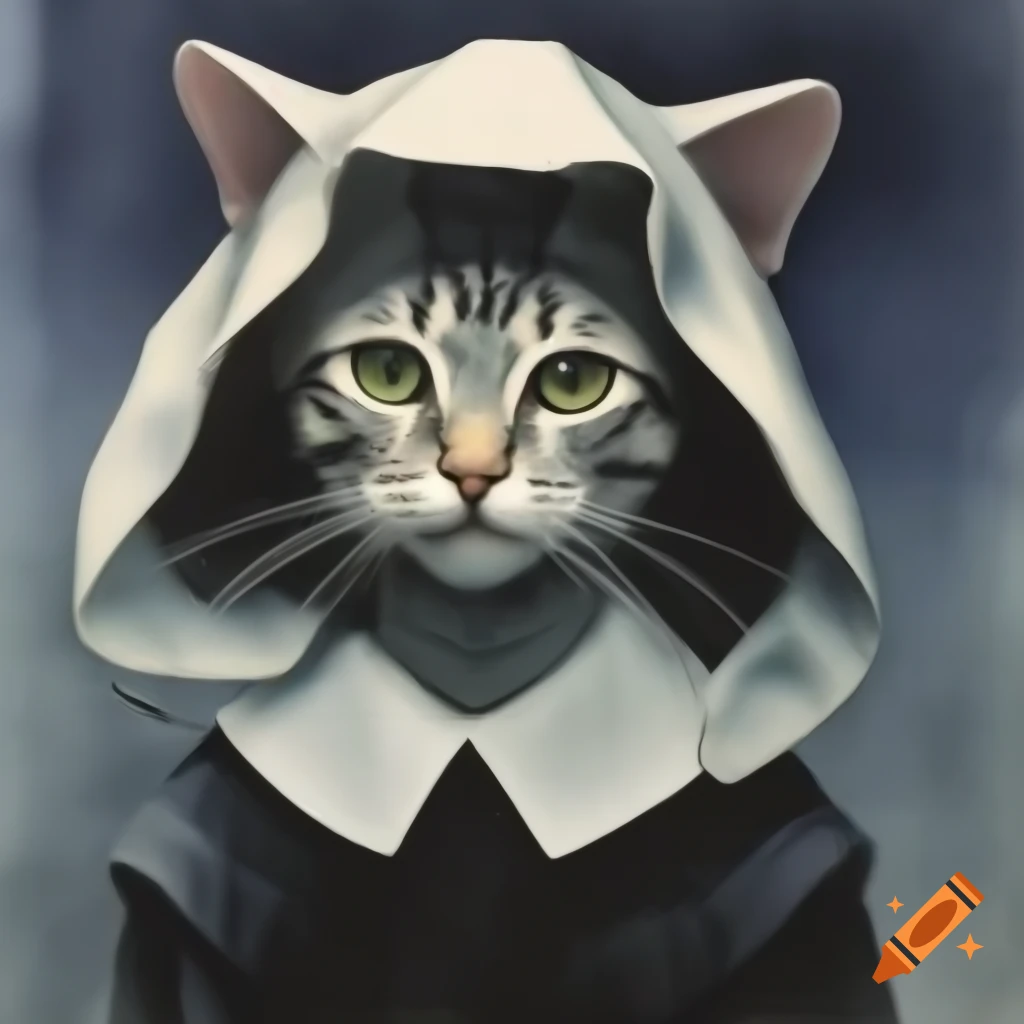 Surreal mezzotint of cat-head girl in hood, Renaissance style, watercolor