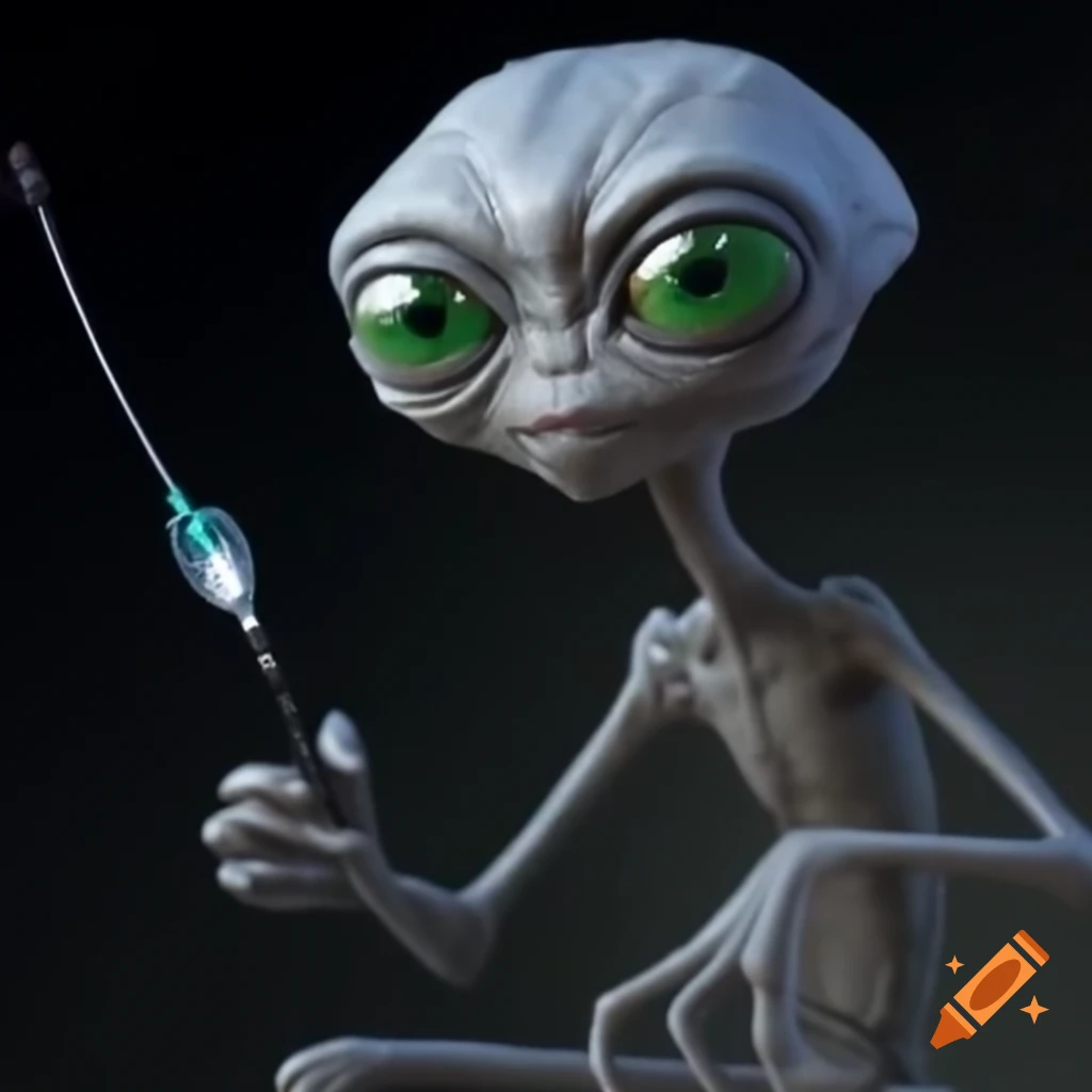 Gray alien holding a probe