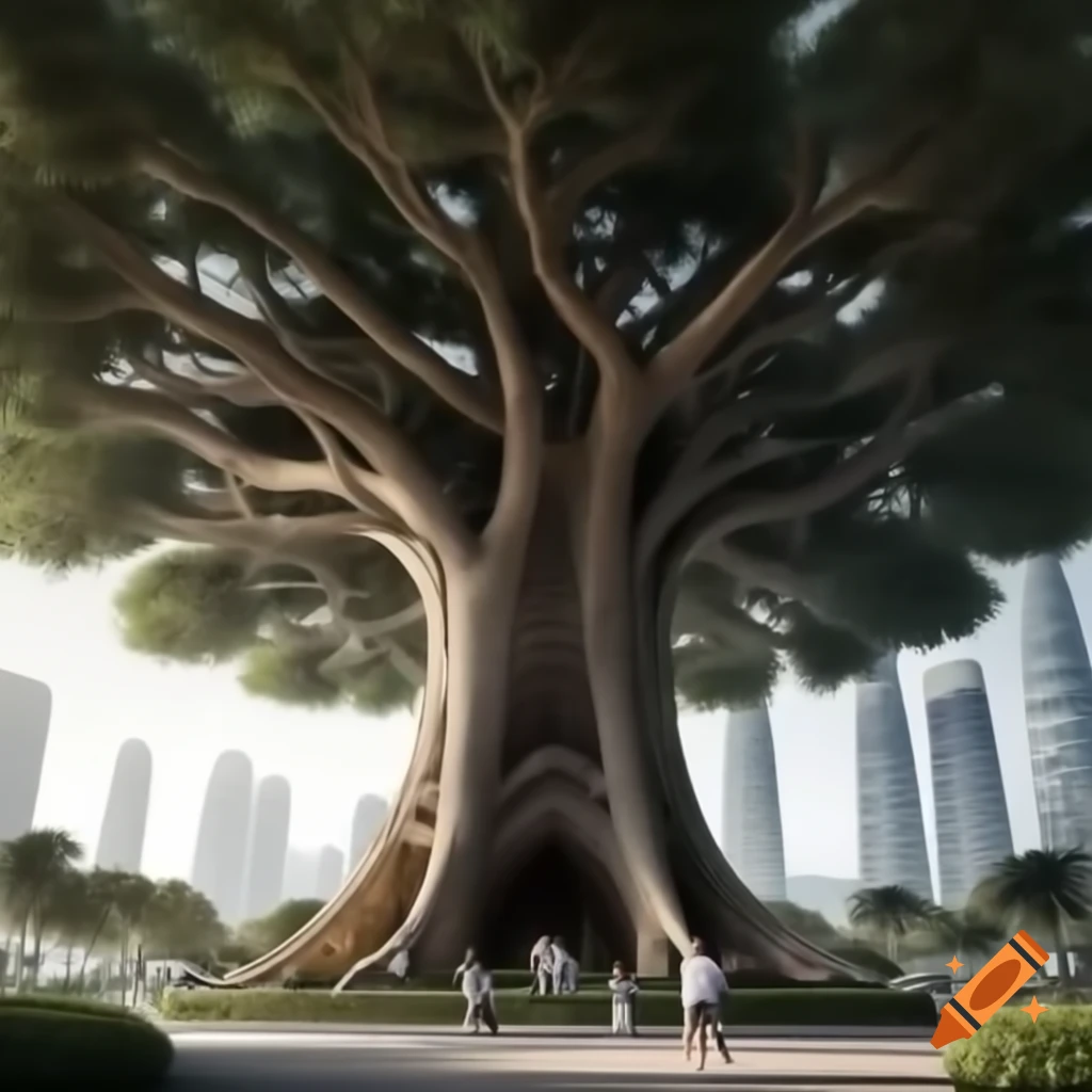 Realistic depiction of a big tree with Petronas Twin Towers and community