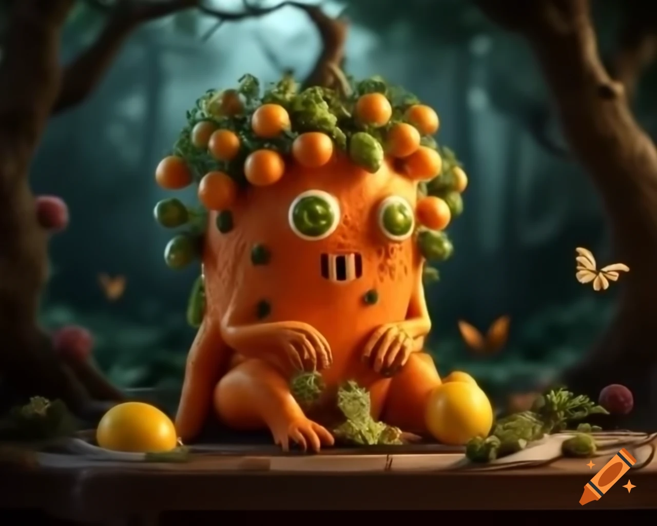 3D fruit tree monster with human face made of lemon on wooden table in forest