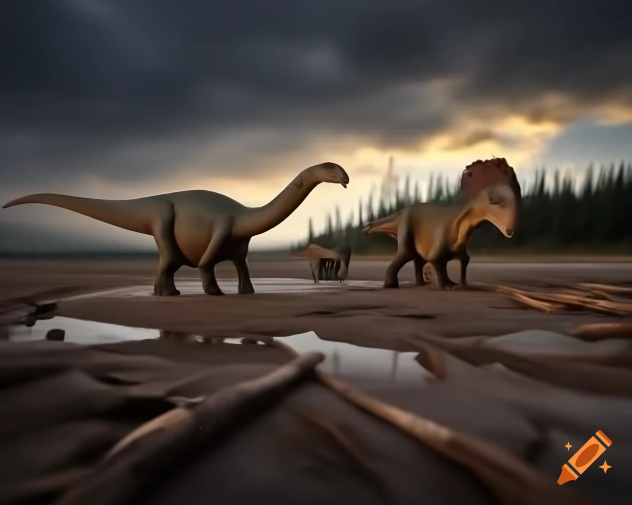 Cinnamon and grey striped Iguanodons crossing a muddy flat in British Columbia at sunset