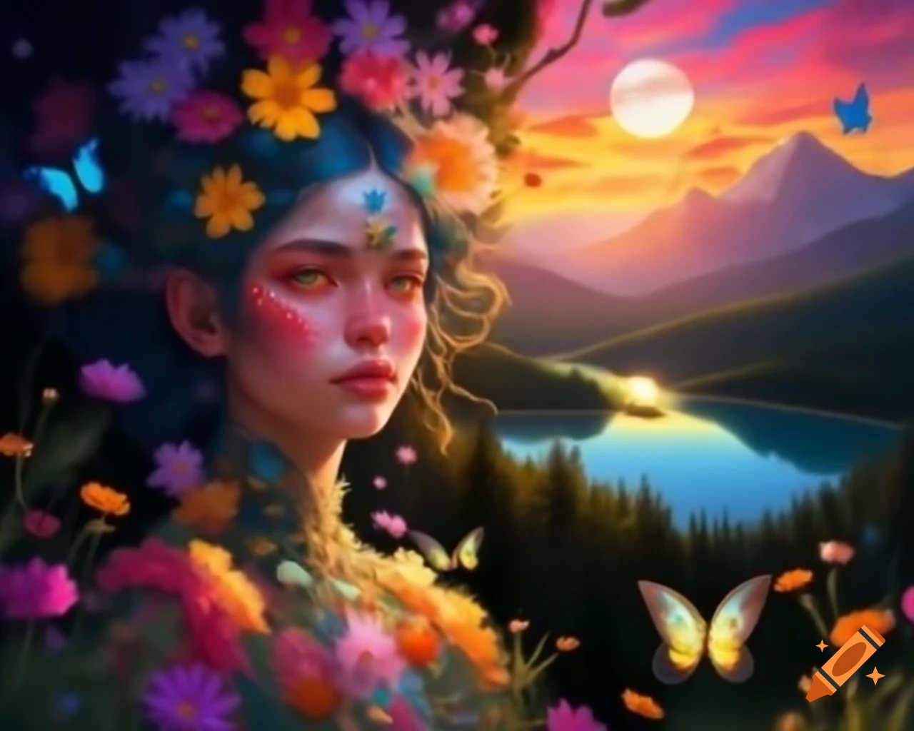 Enchanting woman with colorful hair adorned with wildflowers and butterflies, vibrant sunset background