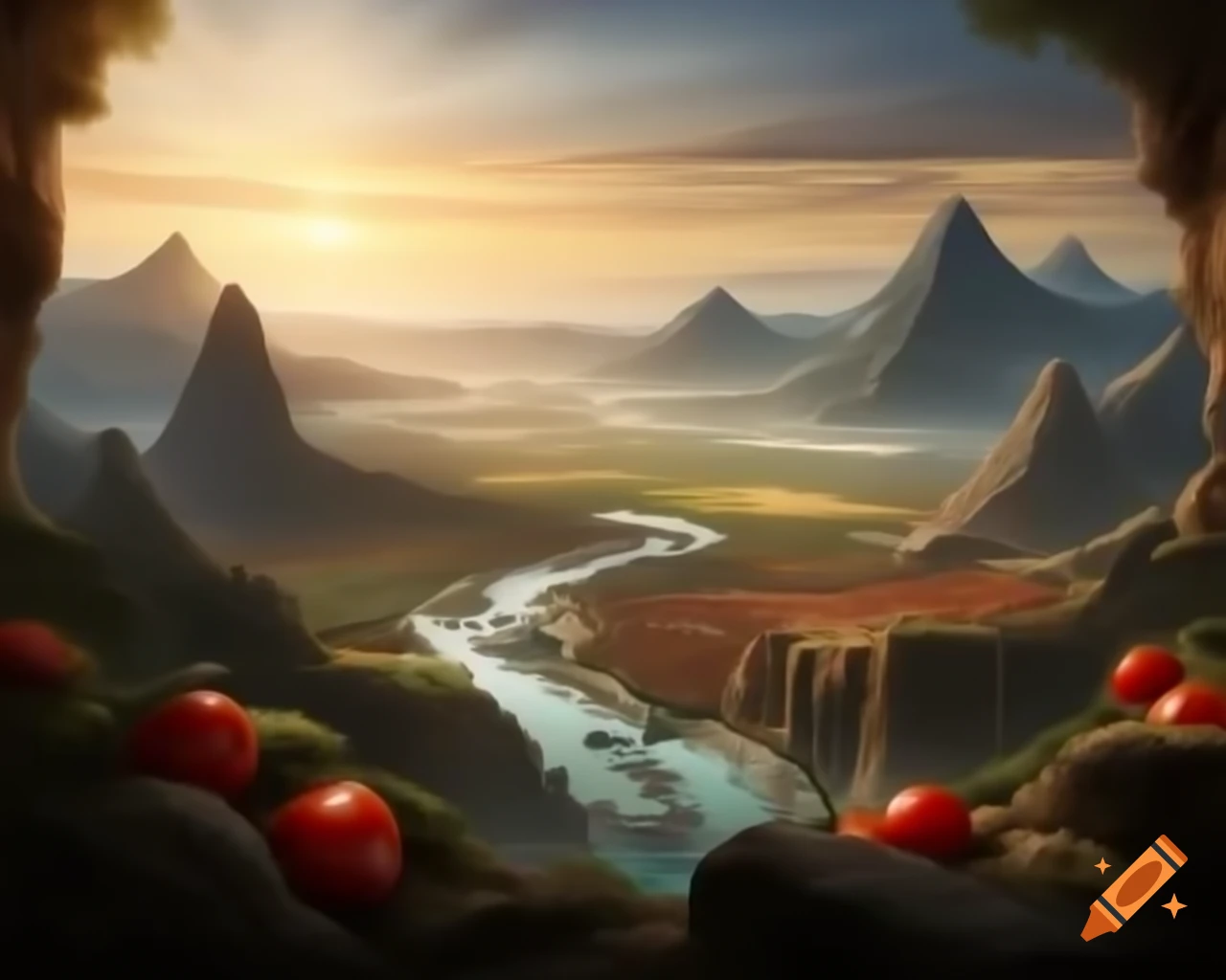 Legend of valley surrounded by ripe tomatoes, guarded by mountains
