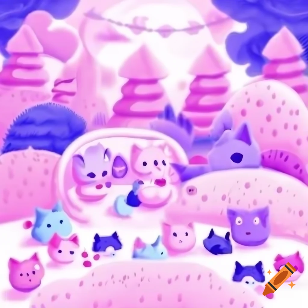 Cute girly kittens in pink and purple themed anime scenery