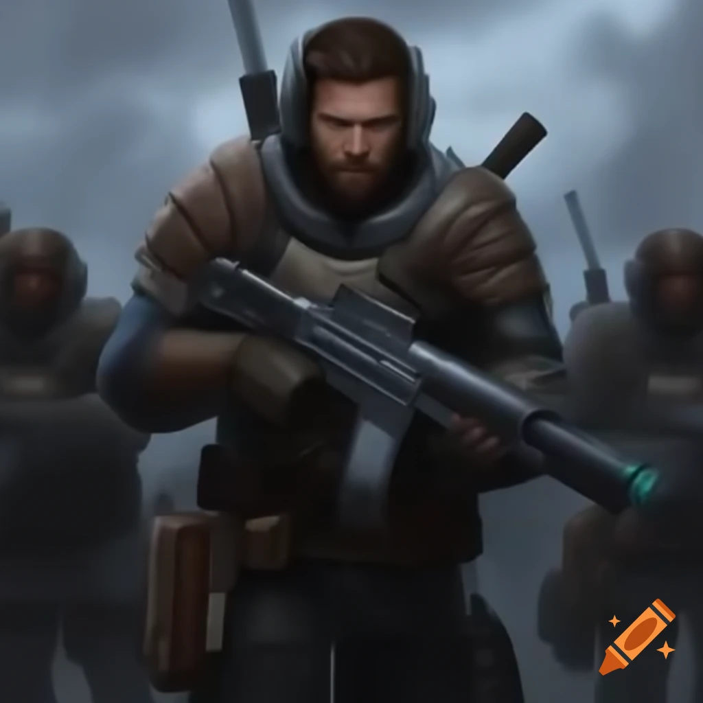 Armored soldier with guns and jetpack in battle scene