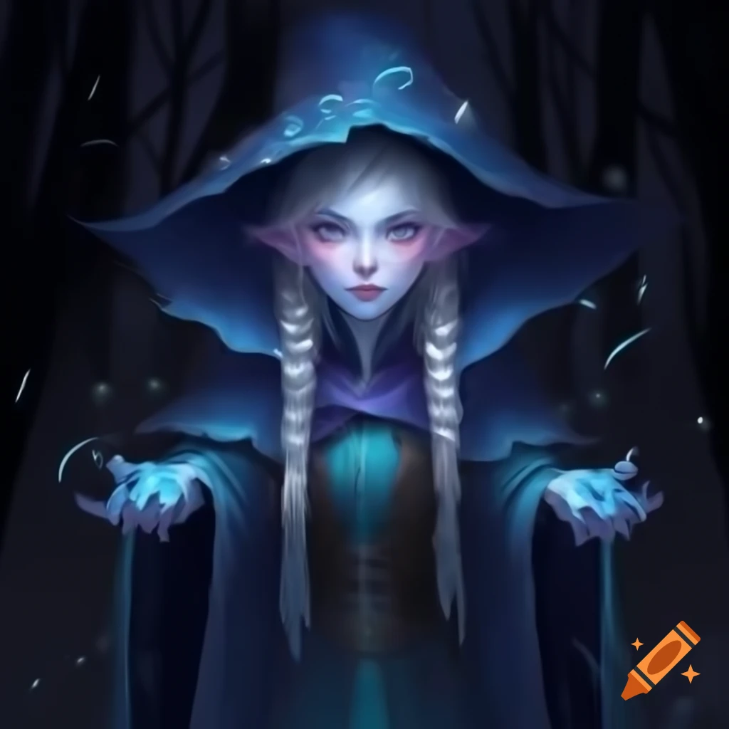 Wizard character at frozen lake with dark forest in background, inspired by Magic: The Gathering