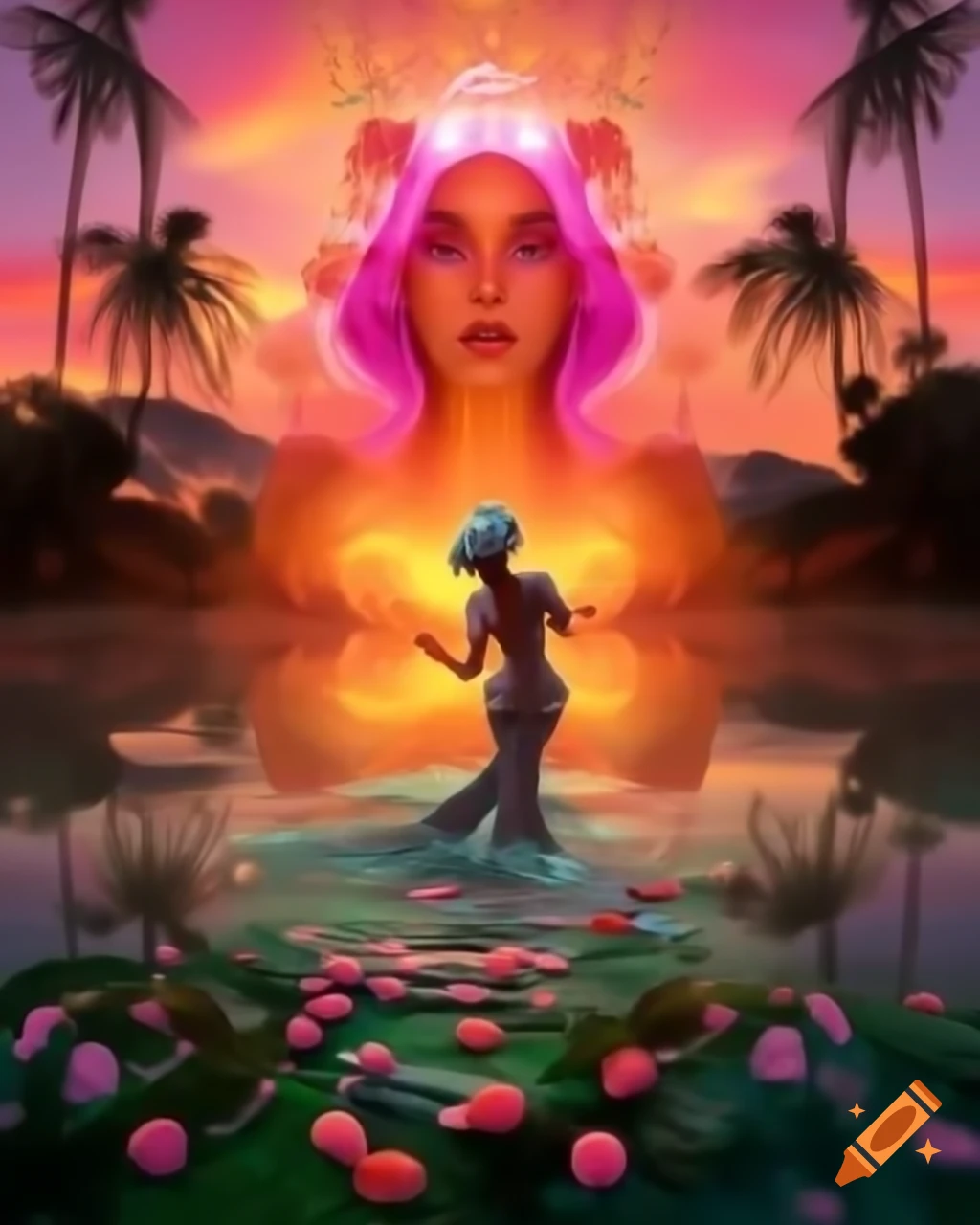 Beautiful woman with surreal vibrant wig and freckles in dreamlike sunset setting