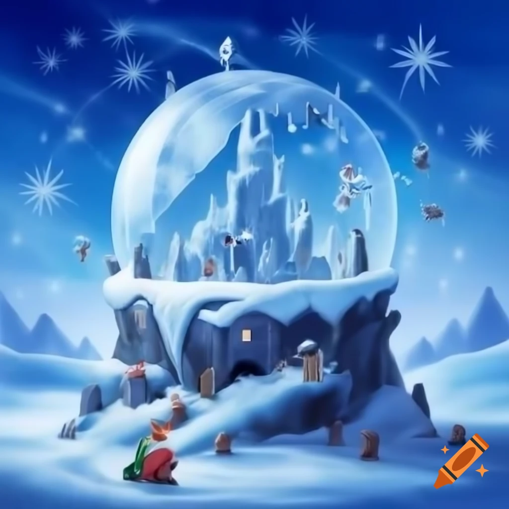 Ice globe castle in snow-filled world with Christmas decorations