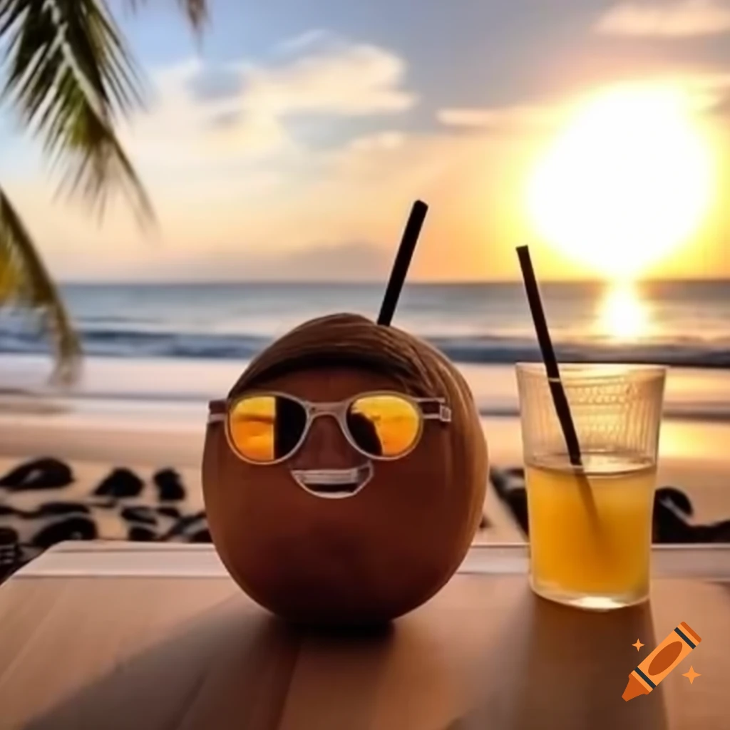 Smiling coconut with sunglasses at beach during sunset, drinking coconut juice