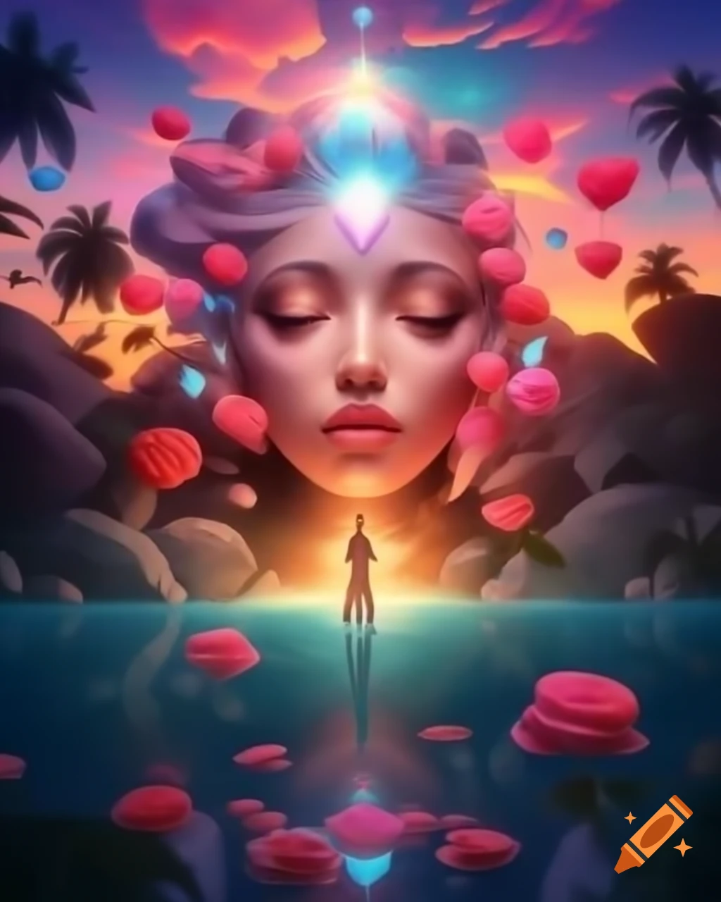 Beautiful woman with surreal vibrant wig and freckles in dreamlike sunset setting