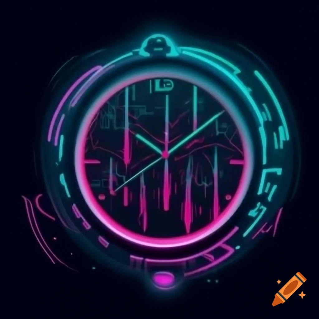 Phosphorescent cyberpunk clock in a forest with flowers and planets