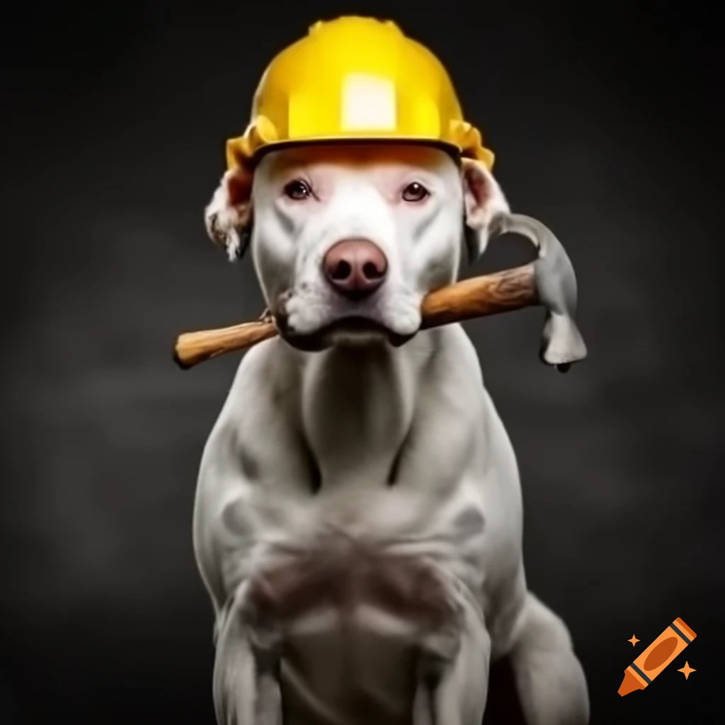 White dog wearing hardhat and holding hammer