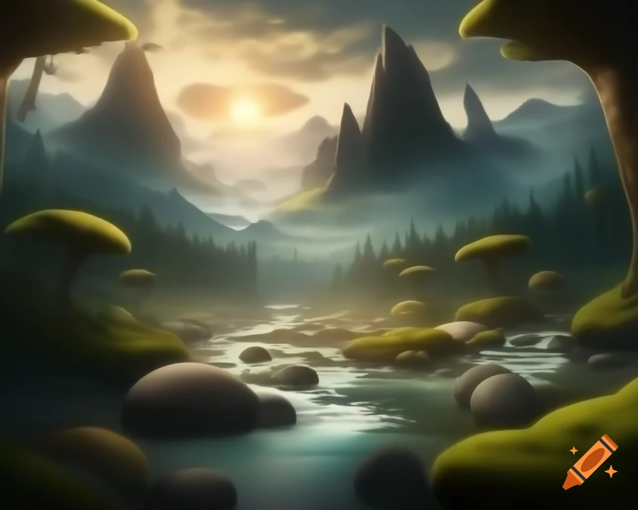 Majestic mountain range above winding river with grand trees