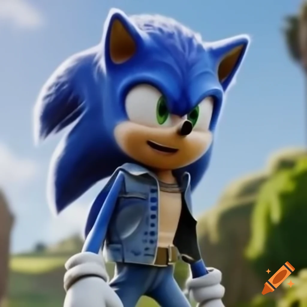 Sonic The Hedgehog Character In Jeans And Denim Jacket On Sunny Green sonic-the-hedgehog-character-in-jeans-and-denim-jacket-on-sunny-green