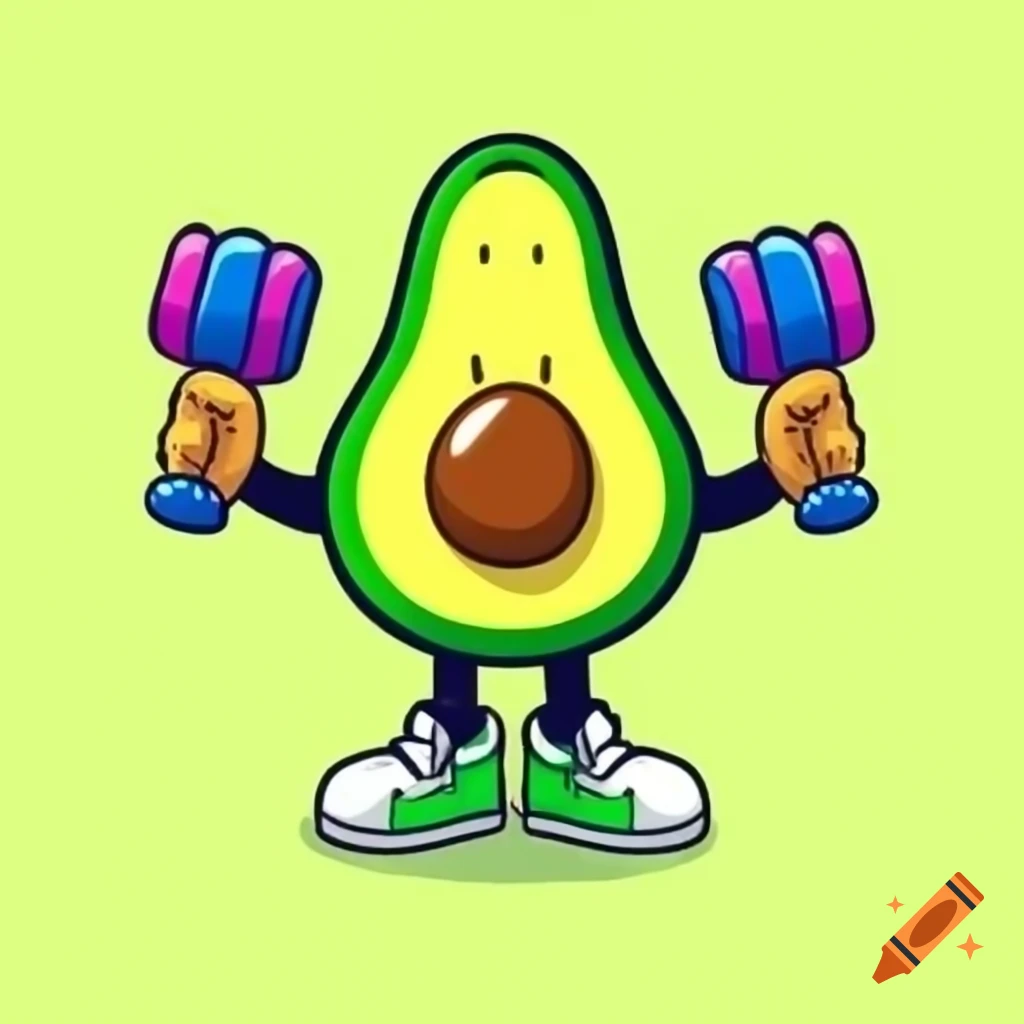 Cartoon avocado character working out with dumbbells and headband on