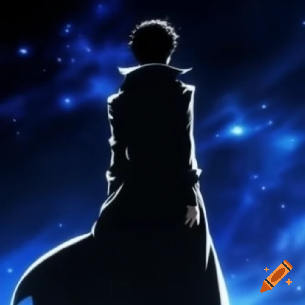 Man in trench coat gazing into cosmic infinity