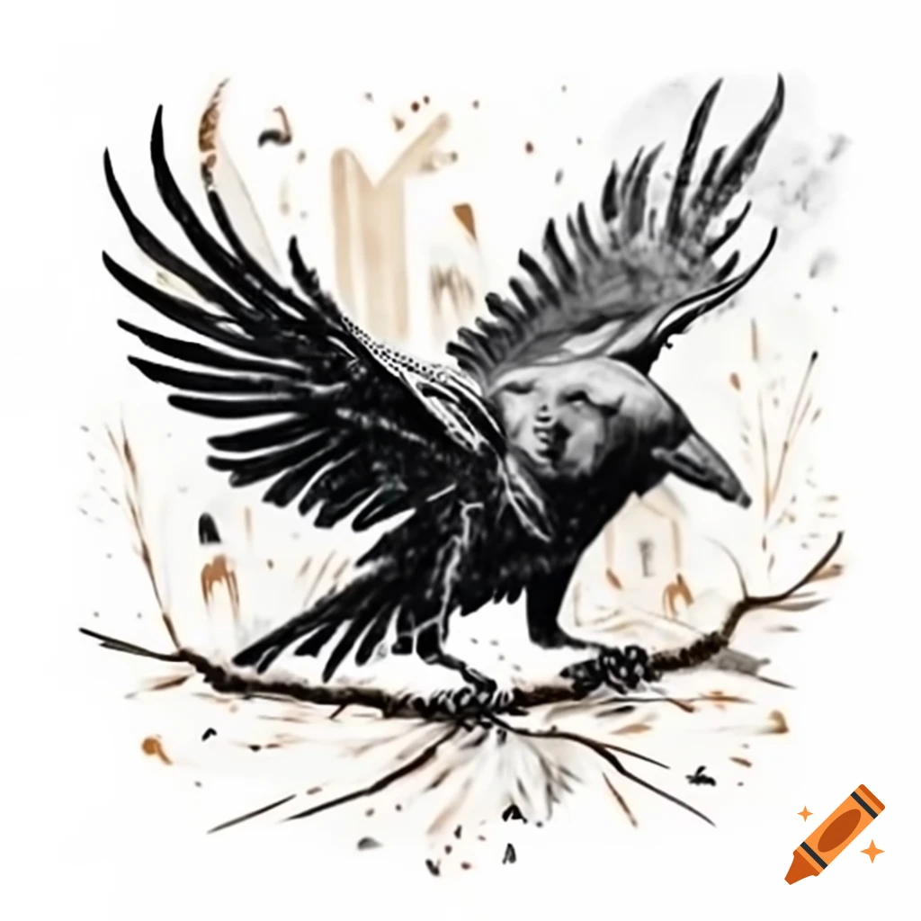Engraving of raven in summer with autumn theme