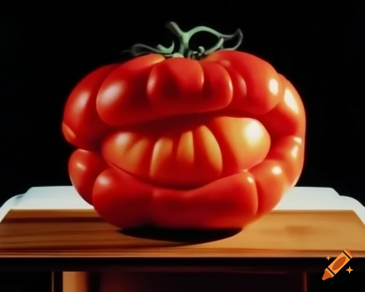 Hyper-realistic tomato sculpture in breathtaking landscape