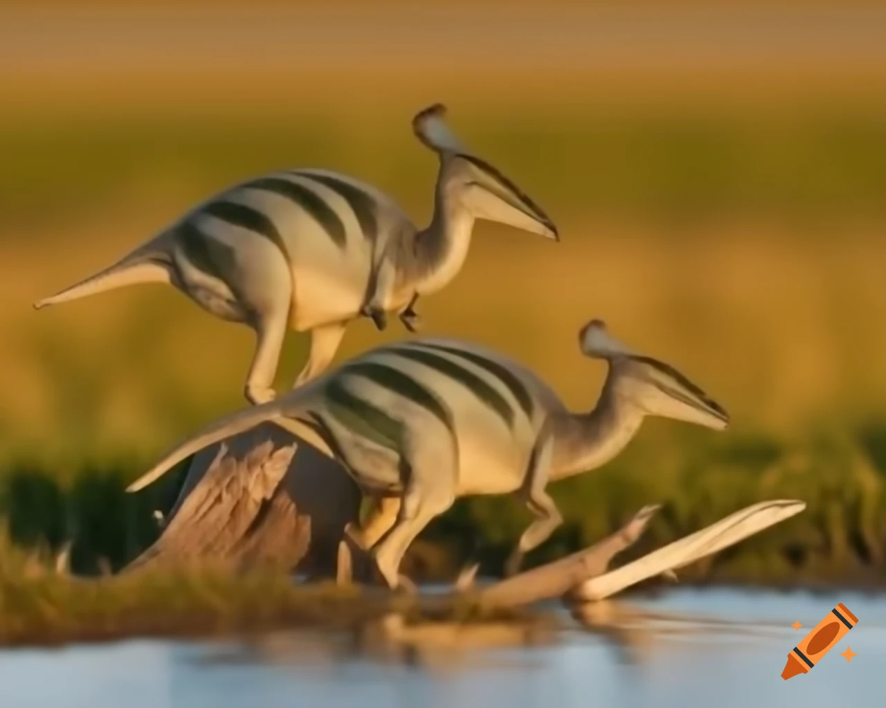 Cinnamon-colored and grey striped Parasaurolophus in marshland during golden hour