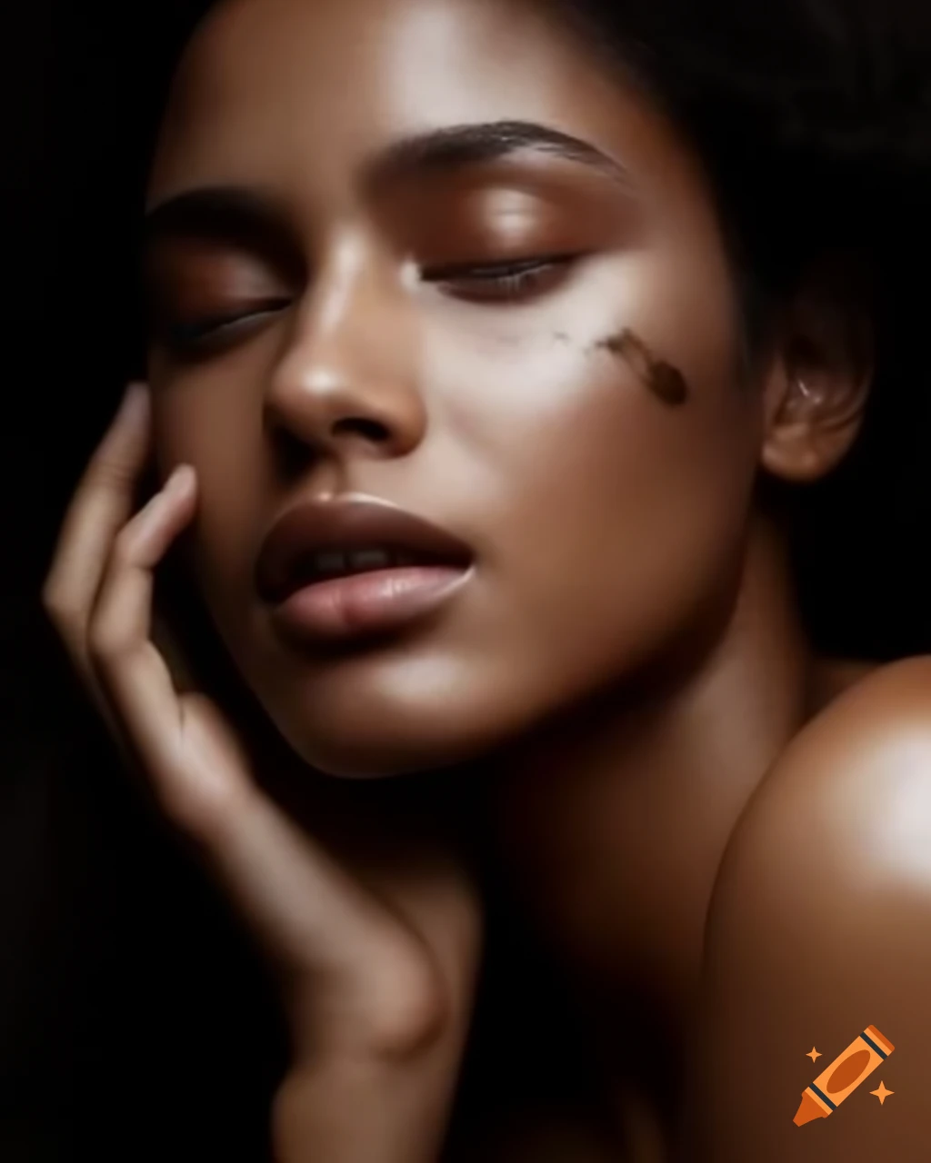 Close-up of hand touching face with radiant skin in soft natural lighting