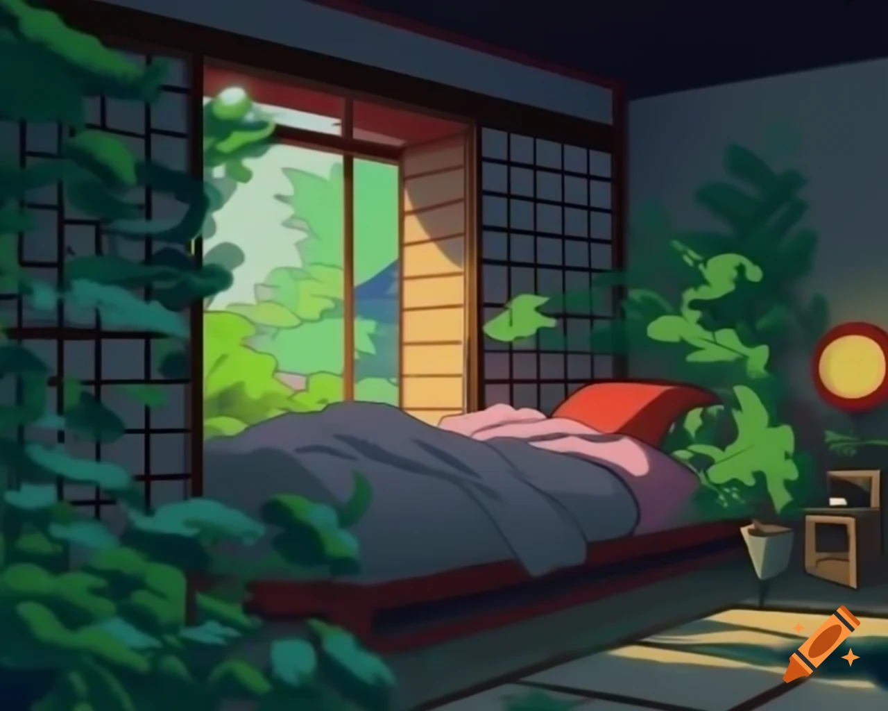Ukiyo-e styled cozy bedroom filled with plants and greenery, dramatic anime lighting