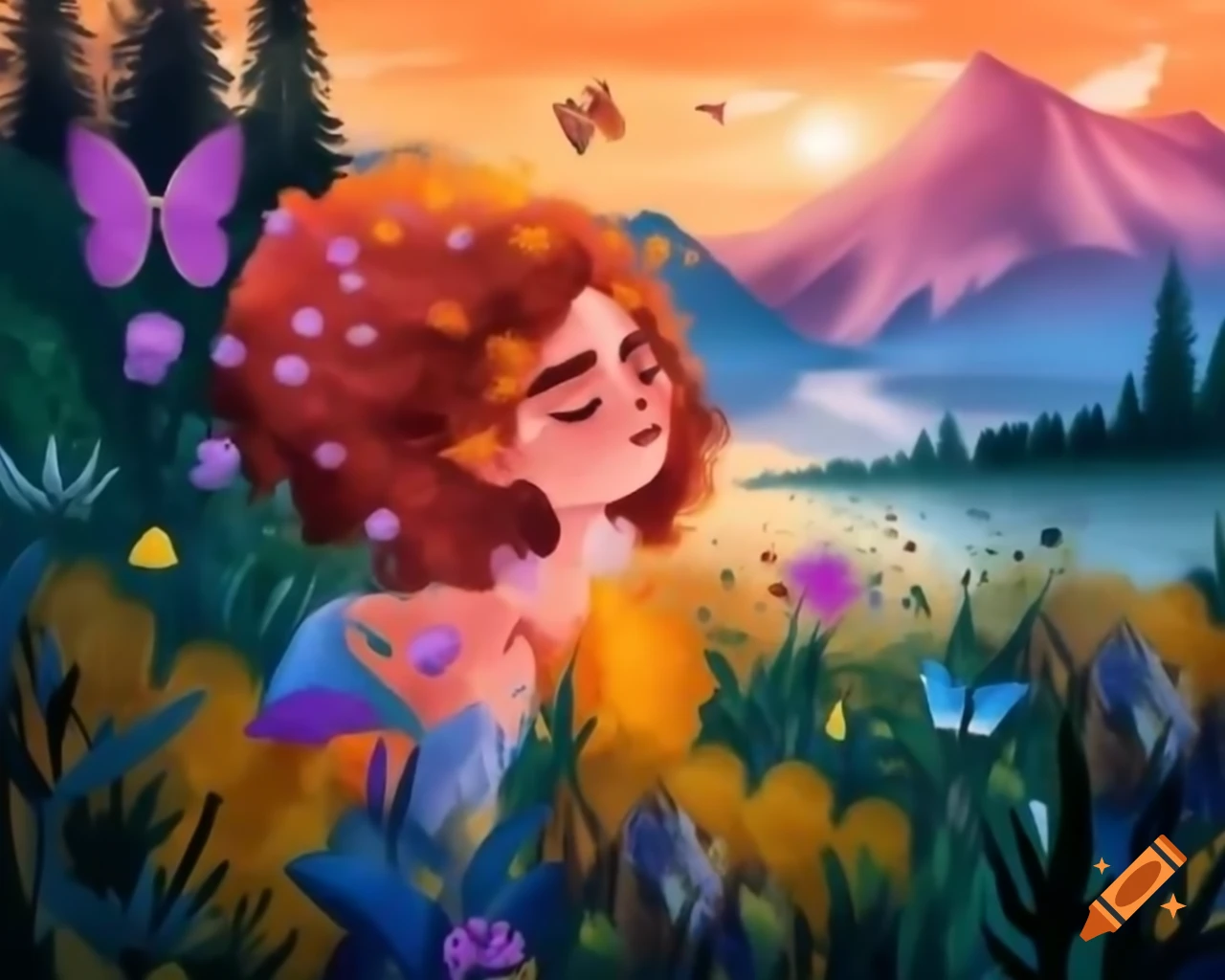 Enchanting woman with colorful hair adorned with wildflowers and butterflies, vibrant sunset background