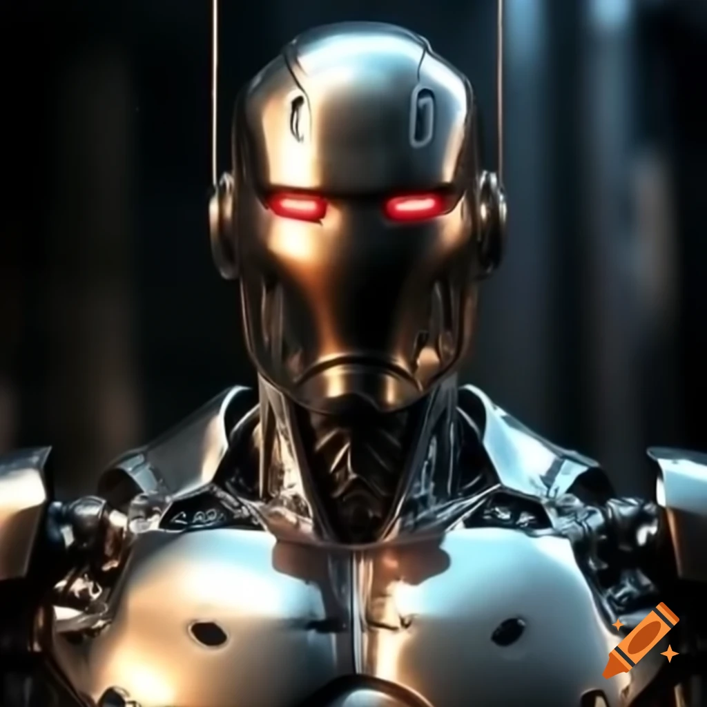 Shiny silver Ultron with glowing red eyes and silver fins on head