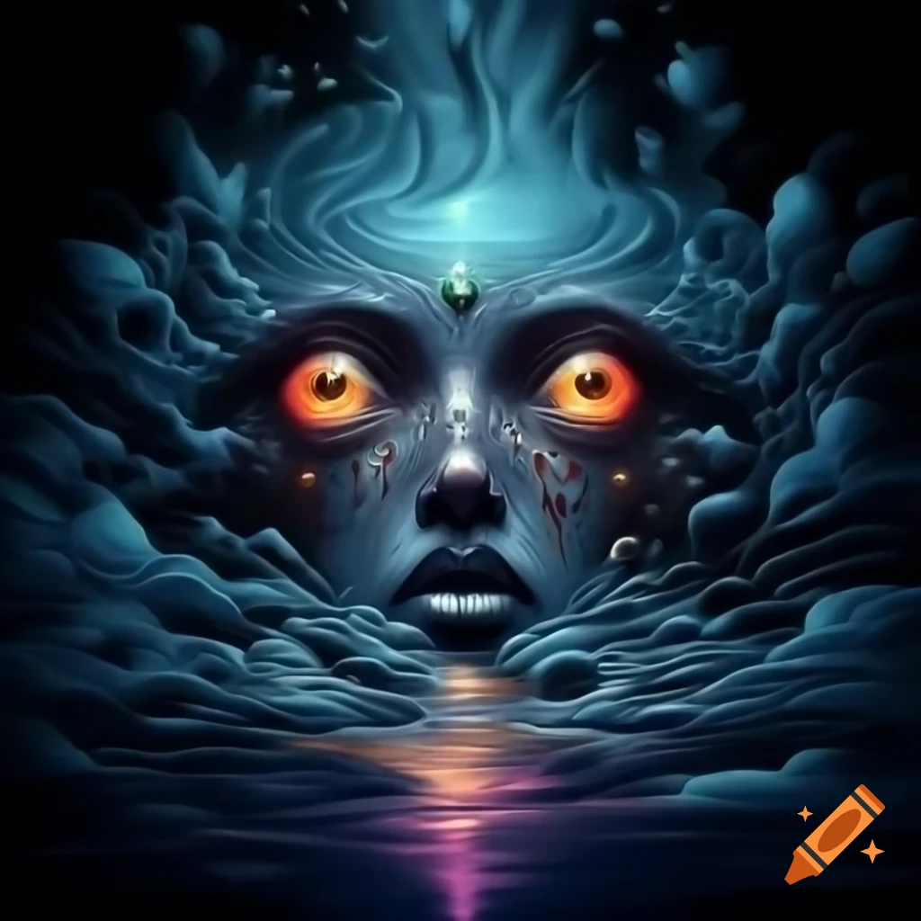 Surreal watercolor painting of a colorful nightmarish face