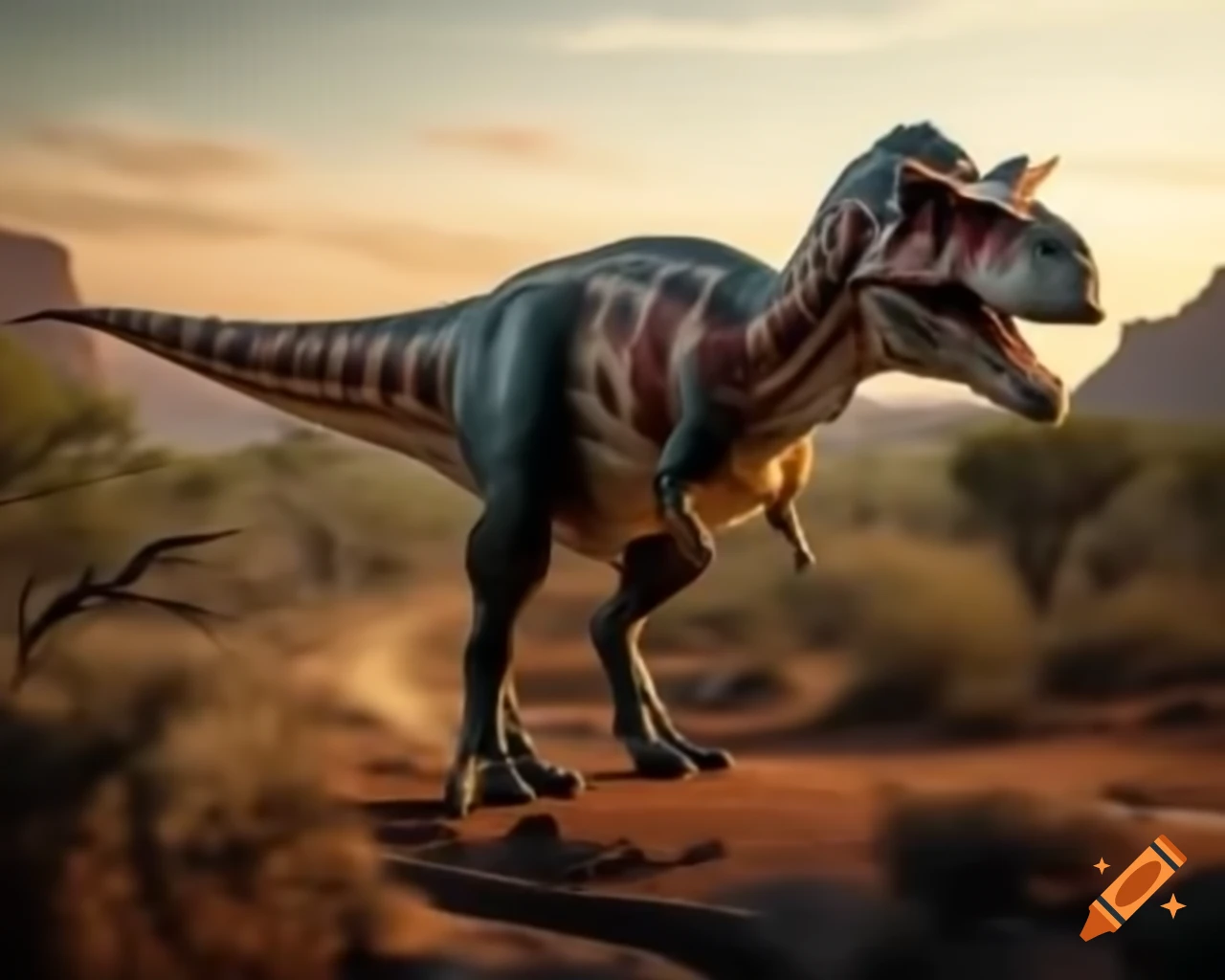 Cinnamon-colored and grey striped Carnotaurus crossing ravine in outback landscape during warm morning light