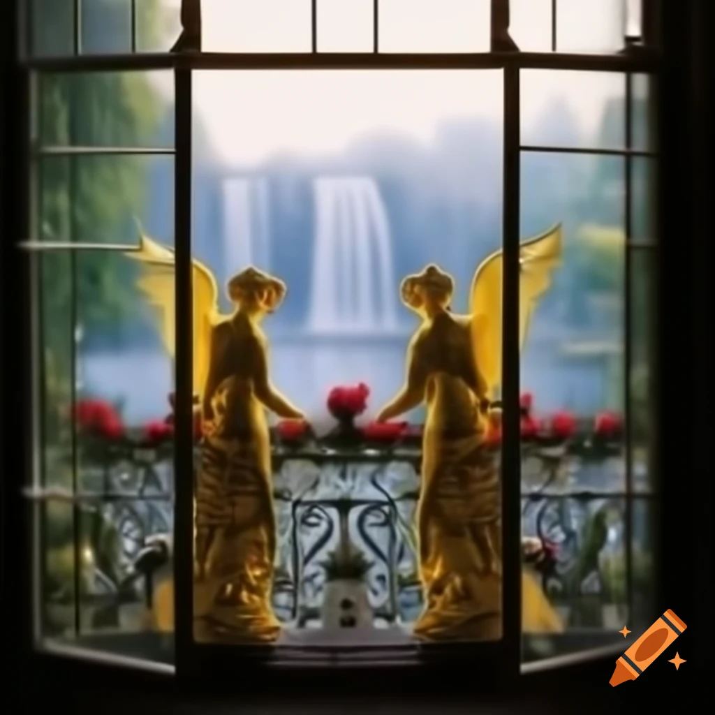 Monet-style Victorian garden with gold angel statues, flowers, and pond at dawn