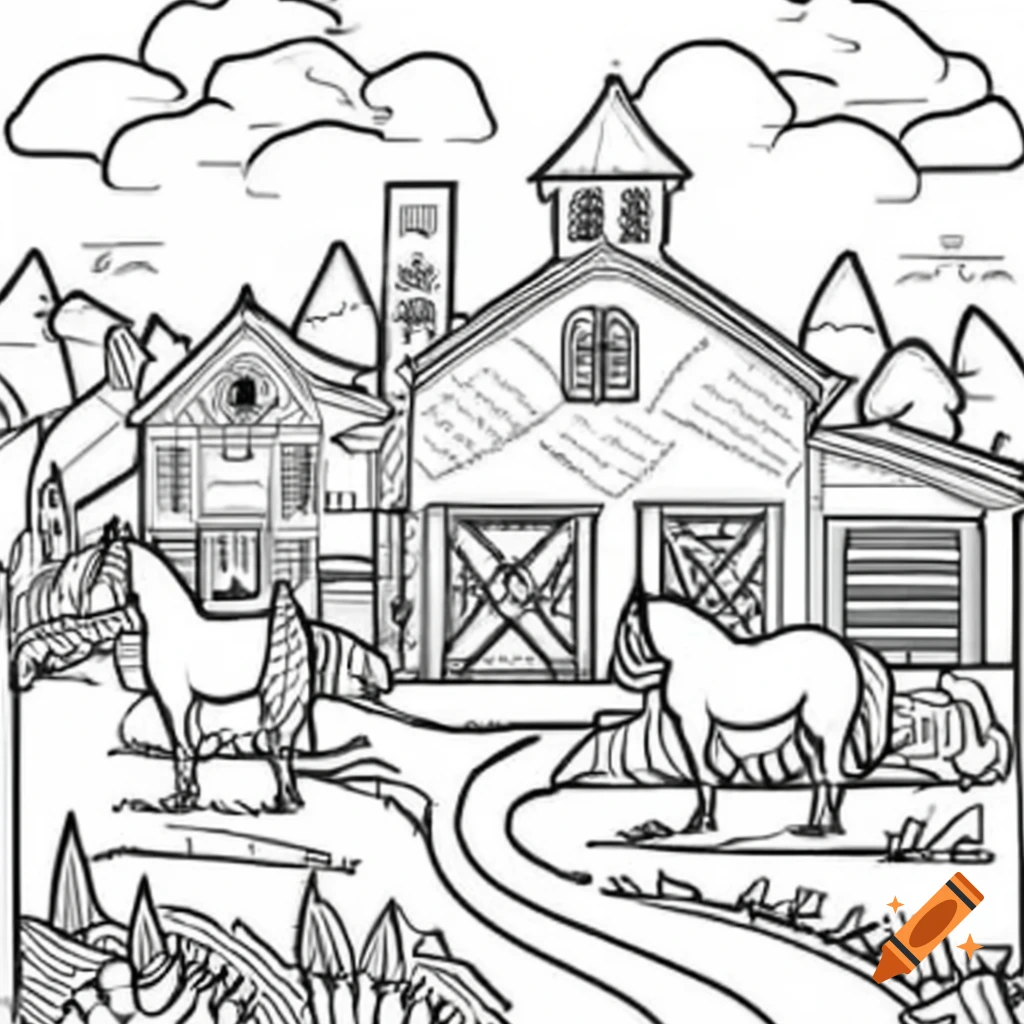 Farmhouse with horses designed for coloring book