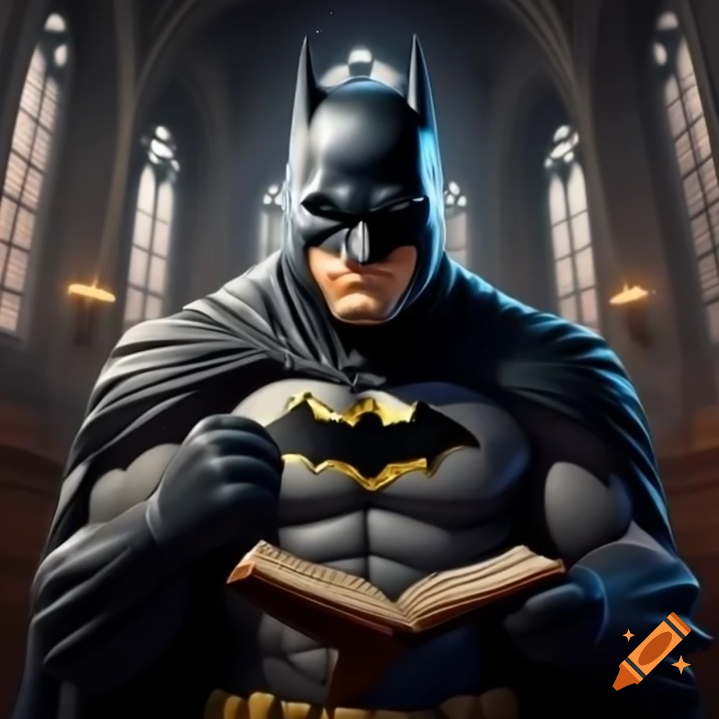 Cartoon Batman preaching in a church holding a Bible