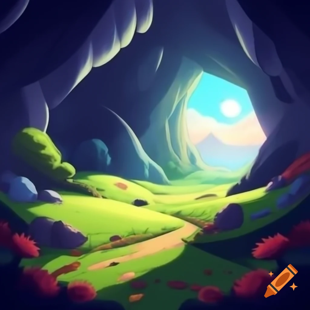 Exit of a glowing cave with crystals in vibrant cartoon style