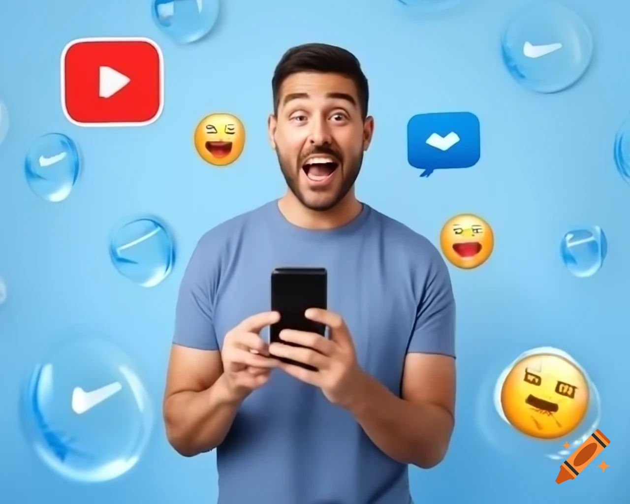 Man smiling with smartphone checking YouTube earnings amidst message bubbles and emojis